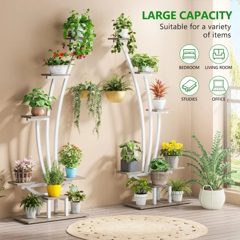 Plant Stand Pack Metal Curved Display Shelf with 2 Hanging Hooks, Multi-Purpose Bonsai Plant Rack White Plant Shelves