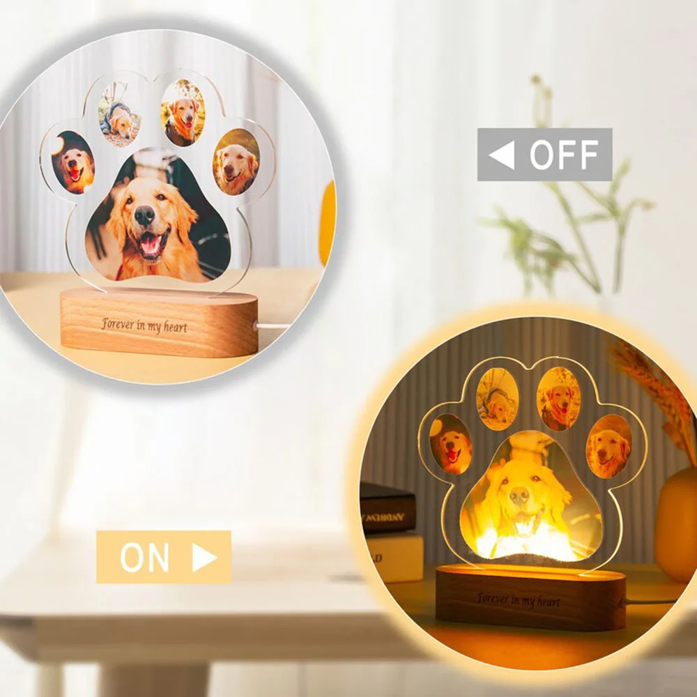 Custom Pet Birthday Photo Night Light Wooden Base LED Soft Light Pet First Birthday Memorial Gift Home Decoration