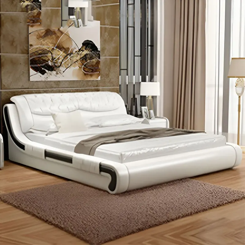 

#Genuine Leather Double Bed Modern Minimalist Small Apartment Master Bedroom Storage Wedding Bed Soft Upholstered Leather ArtBed