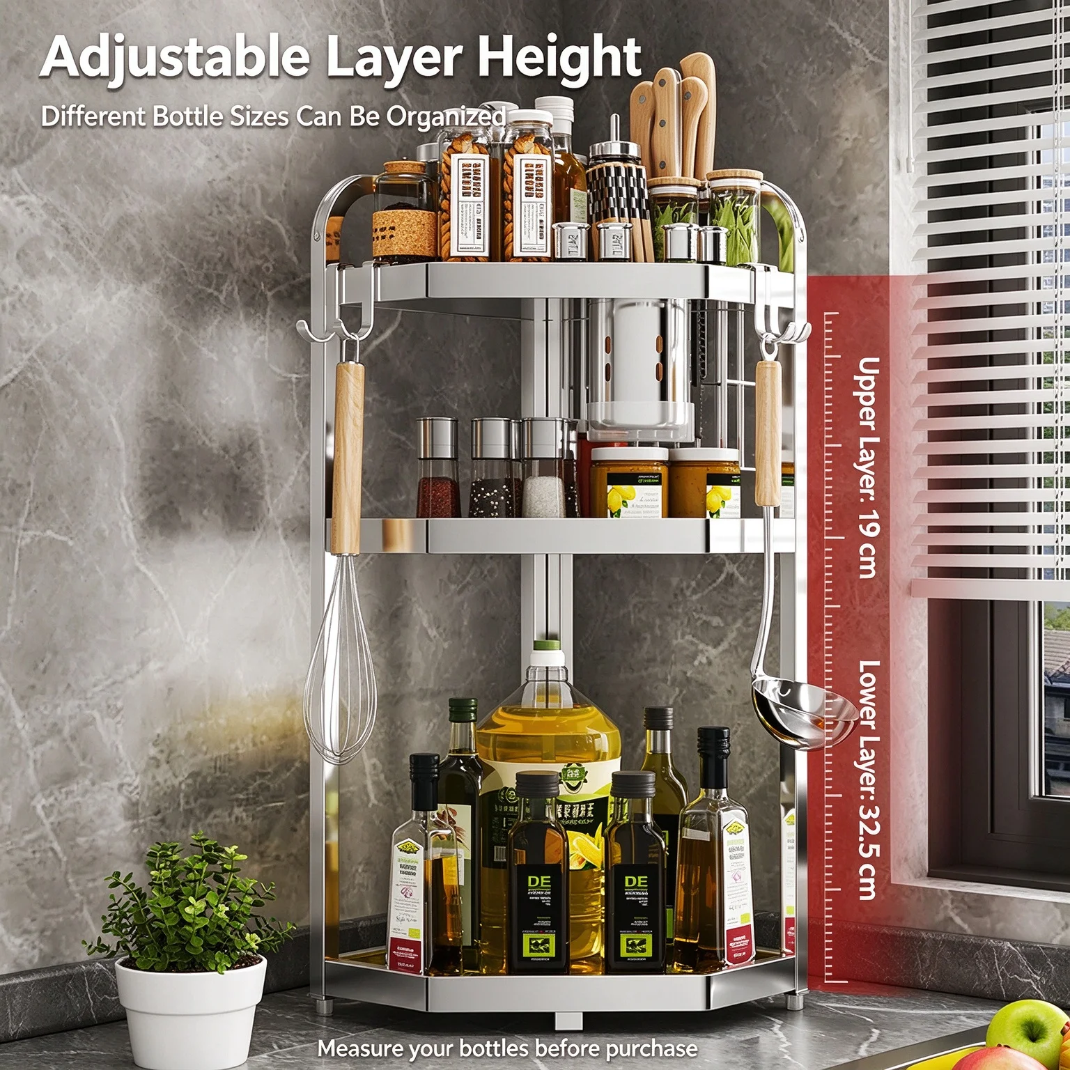 90 Degree Corner Kitchen Spice Rack Stainless Steel Multitier Countertop Storage Shelf Seasoning Bottle Organizer With Knife Blo