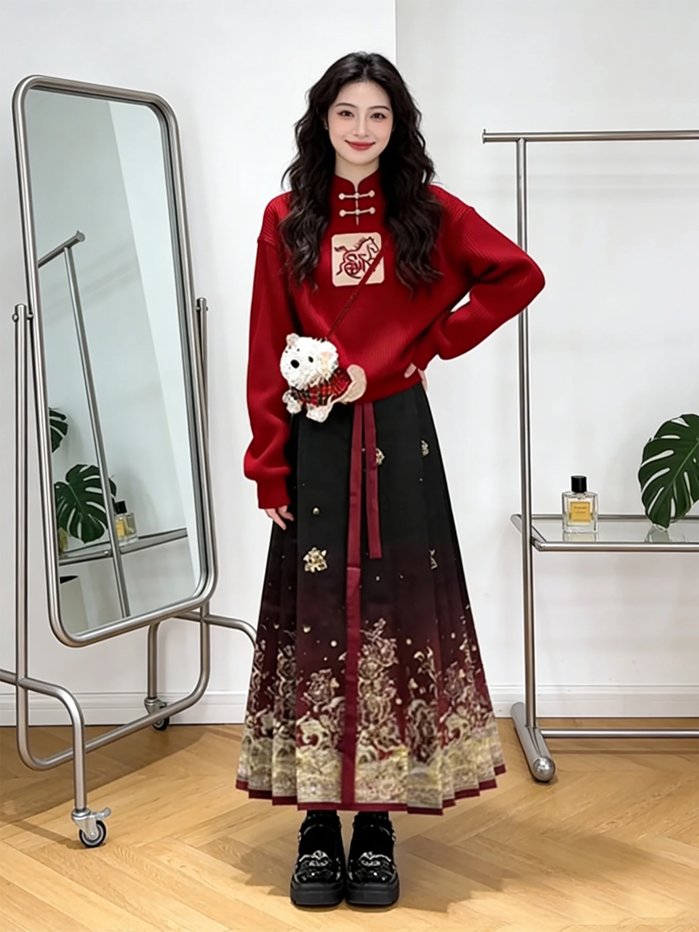 

New Chinese Sle Knitted Sweater And Skirt Set for Women with Stand Collar And Red Button Slimming Design Winter Faionable