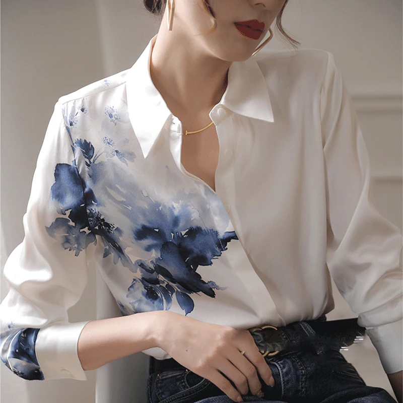 New Vintage Ink Printing Chiffon Shirt Autumn Turn-down Collar Long Sleeve Satin Blouse Women Summer Korean Style Casual Shirt