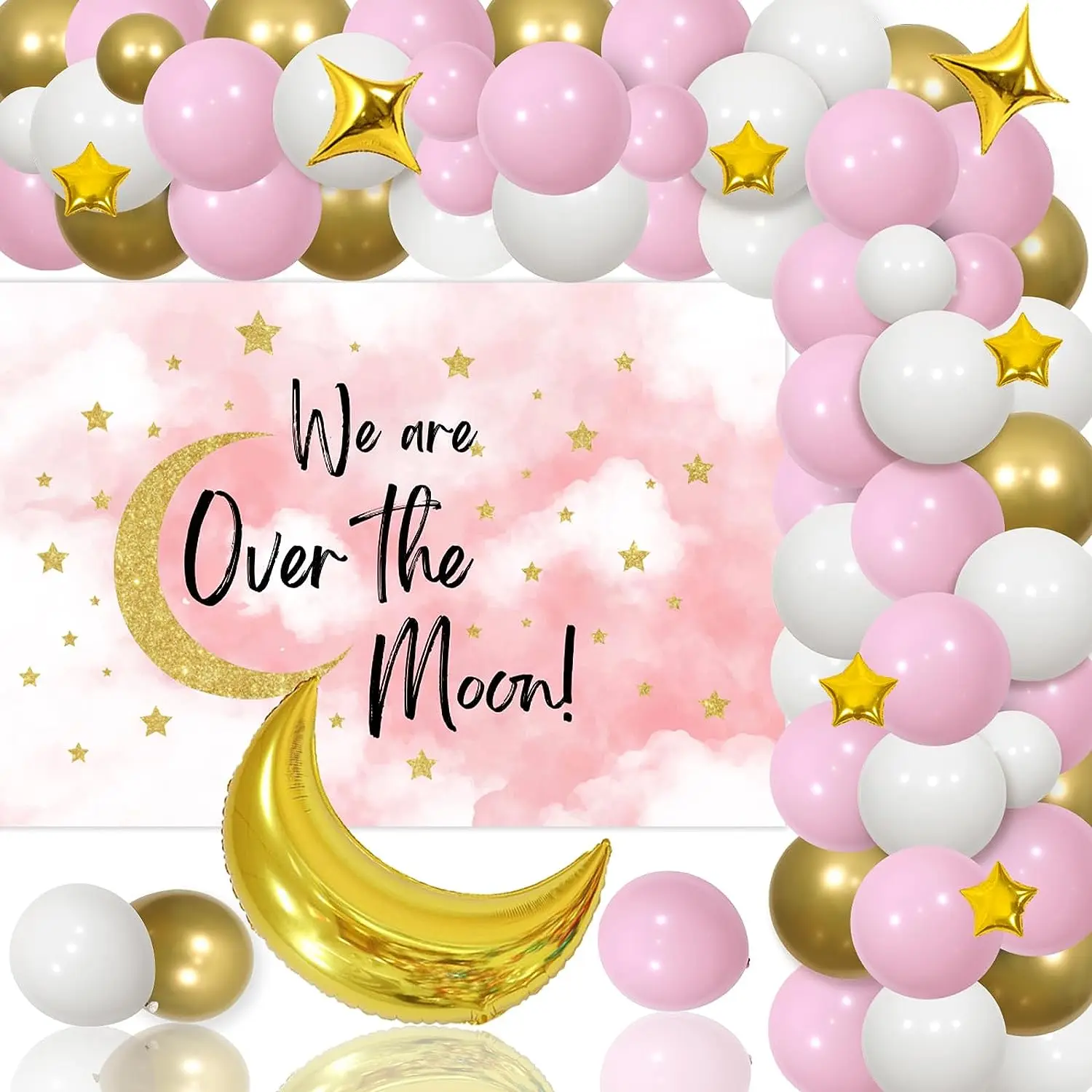 

JOYMEMO Over The Moon Baby Shower Decorations Girl Pink White and Gold Balloon Arch Kit with We Are Over The Moon Backdrop