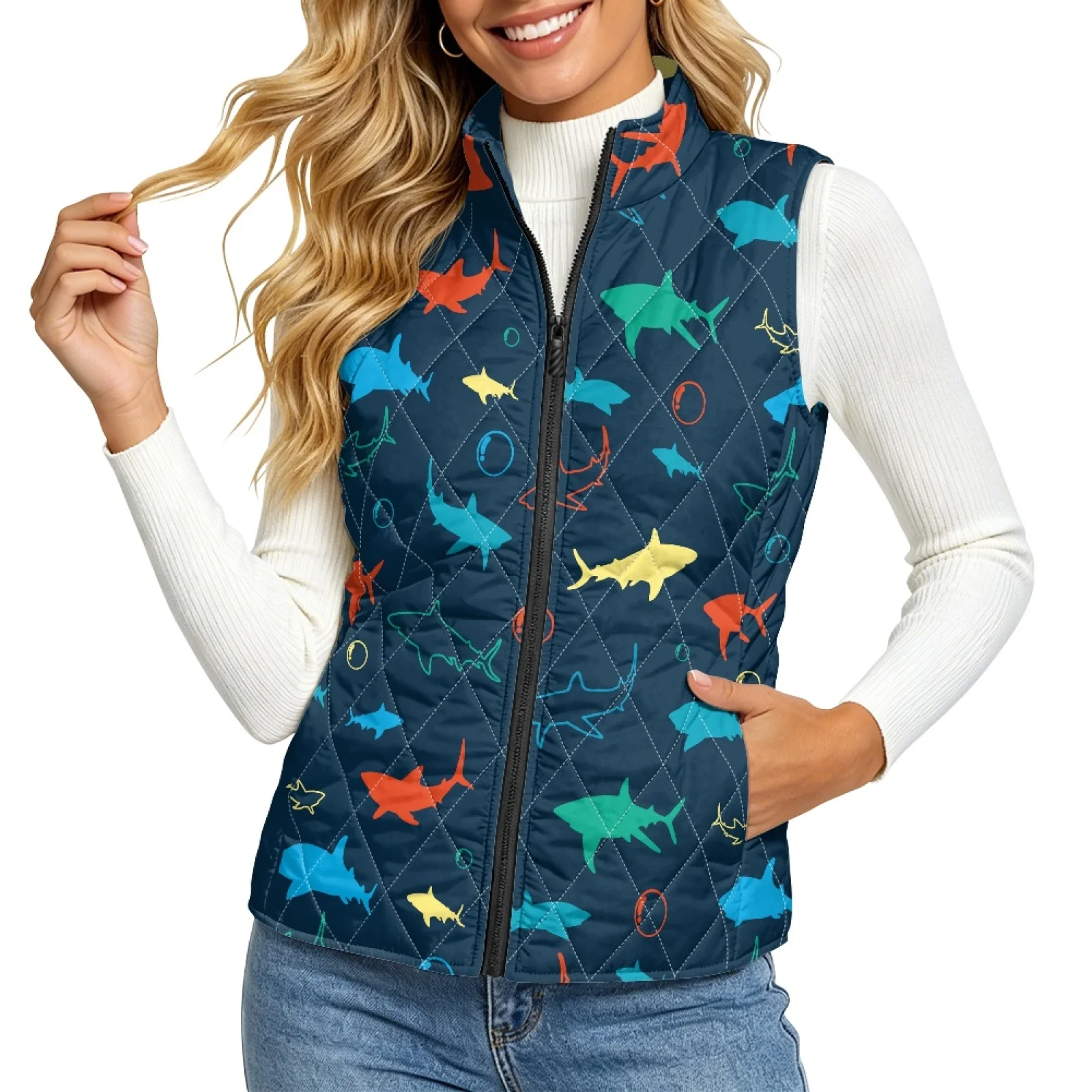 PENSTROLL Colorful Shark Art Lightweight Quilted Waistcoat Casual Outwear Jacket Coat Women's Plaid Vest for Fall Spring