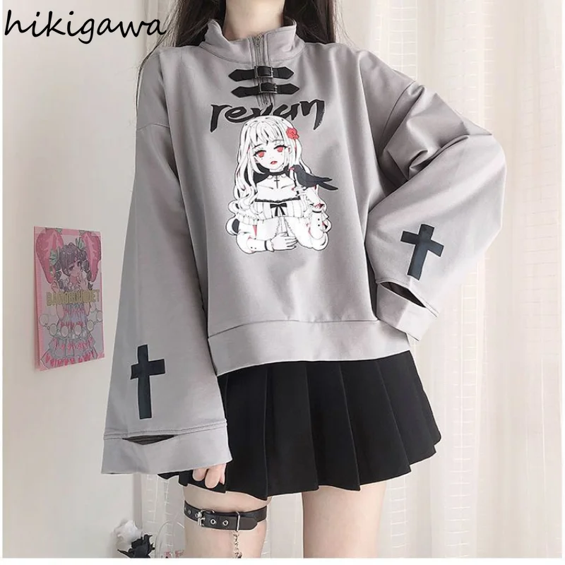 Japanese Hoodies Women Harajuku Half High Collar Long Sleeve Tops 2023 Ropa Mujer Fashion Cartoon Anime Print Sweatshirts 27i669