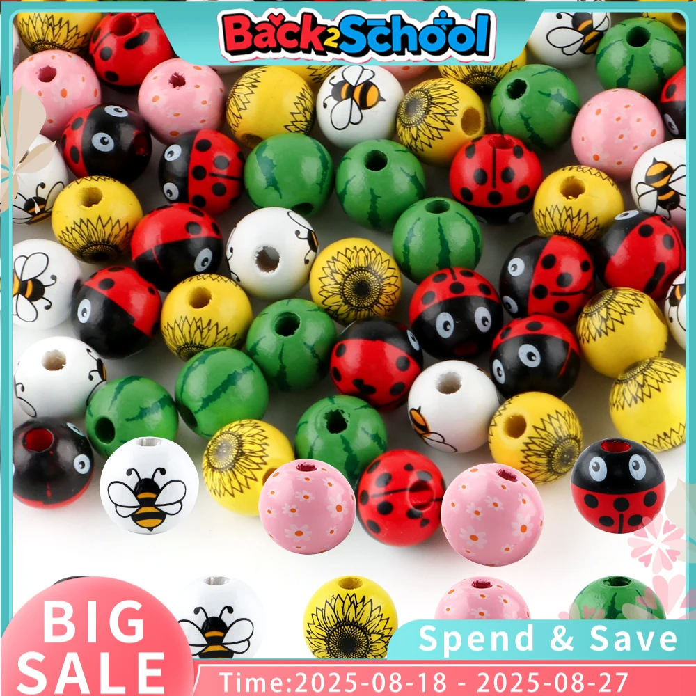 

Kovict 30pcs/Lot 16mm Round Flower Bees Watermelons Paint Wood Beads Loose Woodne Beads For Jewelry Making Bracelet Accessories