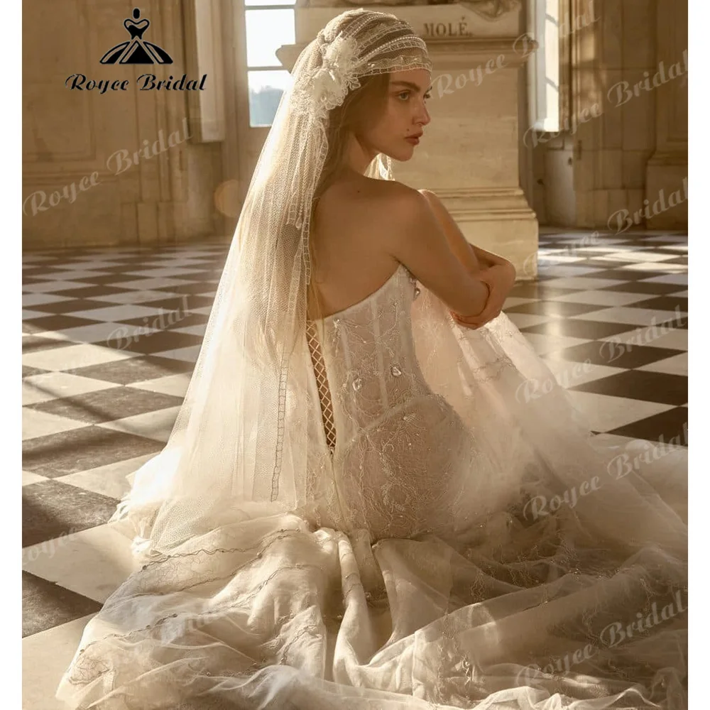 2027 Strapless Mermaid Wedding Dress Corset Back Bridal Gown Vintage Lace Beaded Tulle Slim Fit Vestido De Novia Customized