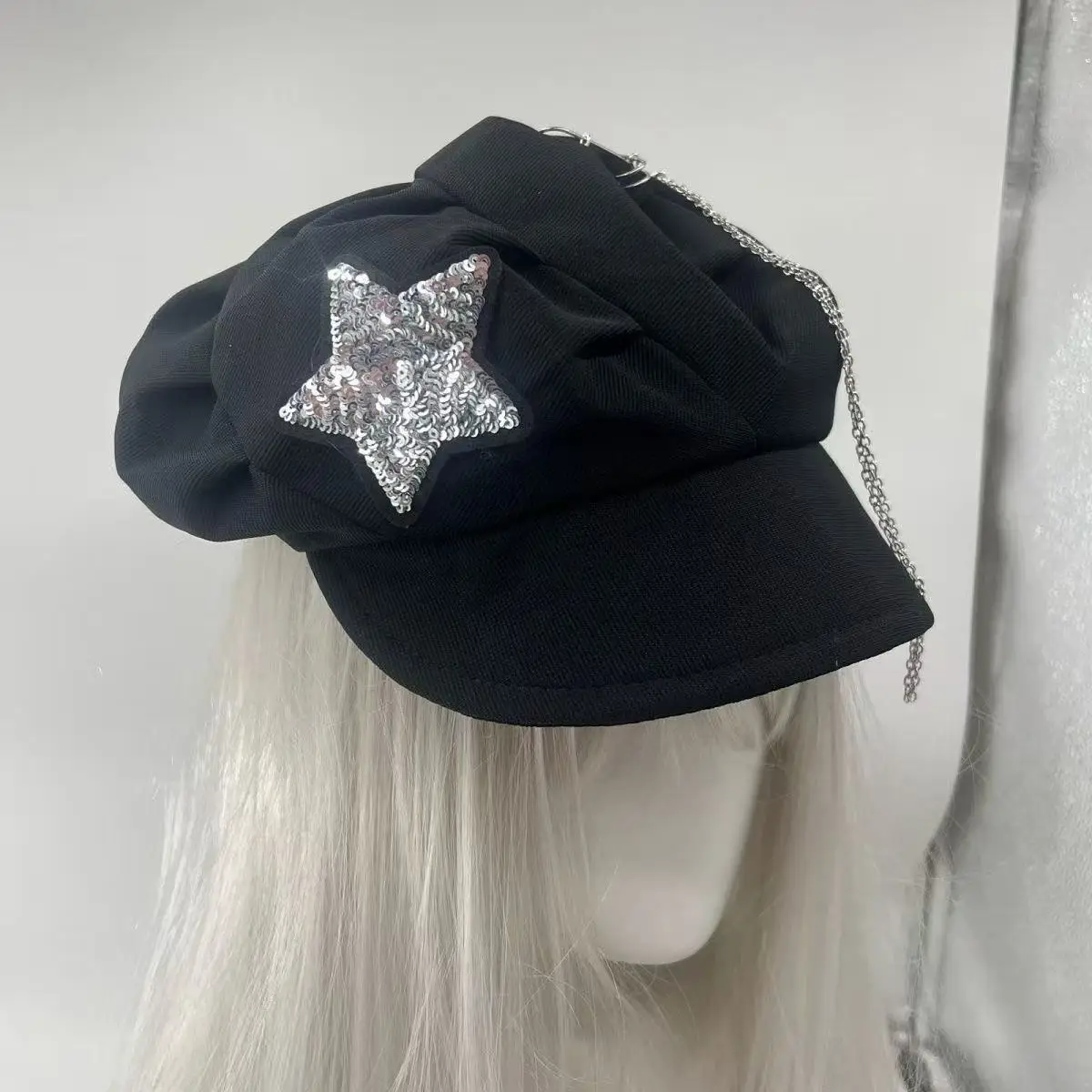 Black Ruched Newsboy Cap Glitter Star Patch Metal Chain Decor Y2K Alt Punk Beret Hat Harajuku Streetwear for girls 3 Colors