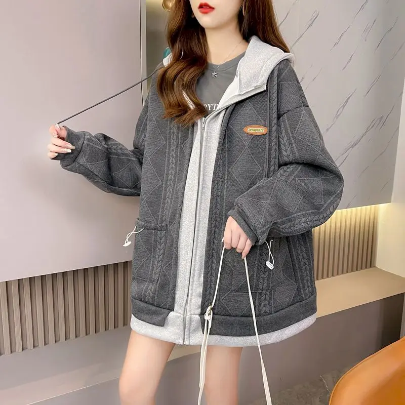 

Fashion Vintage Hoodies Women Design Sense Hooded Zip Up Jacket Autumn Winter Trend Plush Thicken Warm Hoodie Korean Casual Coat