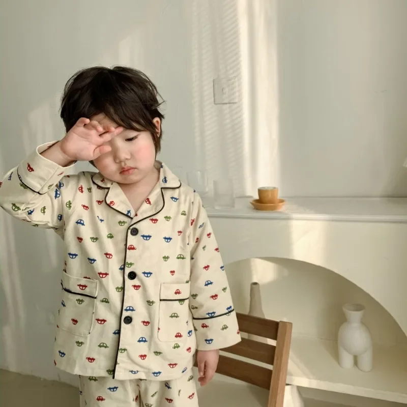 Children Turndown Collar Pajama Sets Toddler Kids Cartoon Cute Cotton Pyjamas Set Cardigan Sleepwear Children’s Clothing
