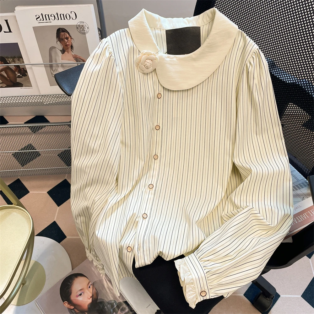

Women's Striped Blouse Shirt Tops Korean Vintage Fashion Shirt Y2k Kawaii Peter Pan Collar Long Sleeve Shirt Ladies Autumn 2025