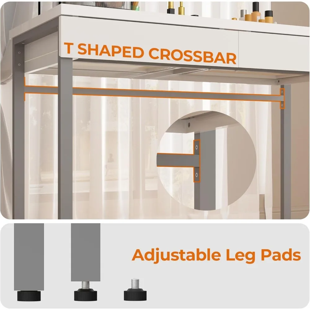 مكتب زينة GreenForest باللون الأبيض اللامع بدرجين لغرفة النوم والمكياج، مكتب منزلي مدمج ومساحة تخزين