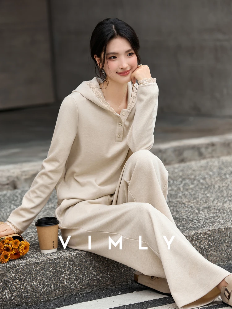 

VIMLY Oatmeal Women Pant Suits Sports Fall 2025 Knit Hooded Lace Spliced Cuff Tops Straight Trousers Female 2 Piece Sets A2559