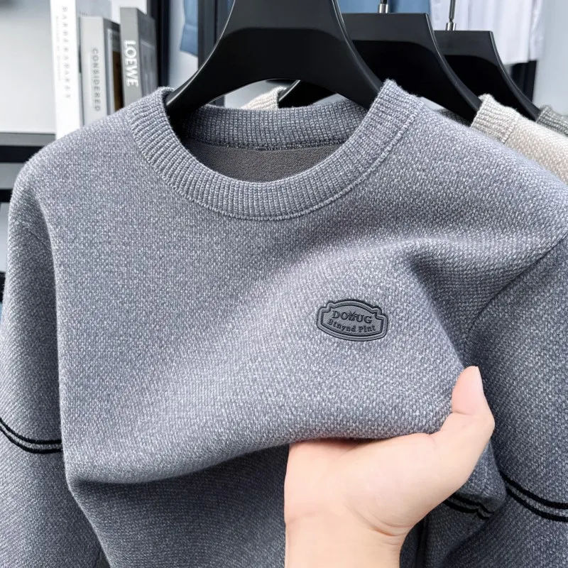 

Fashion letter embossed men's knitted sweater high-end brand plush warm Korean style new trend stripe round neck casual pullover