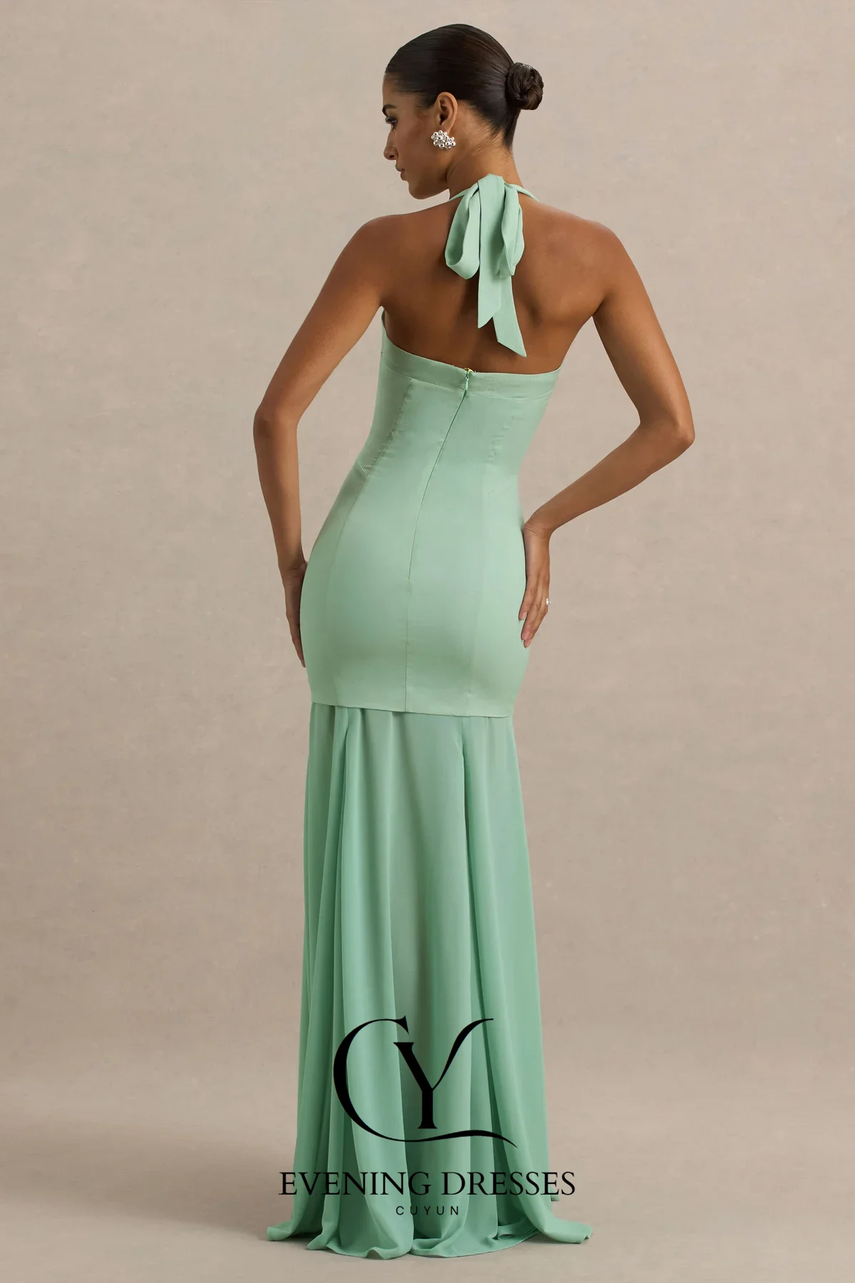 CUYUN Halter Backless Dames Avondjurken Aangepaste A-lijn Galajurk Chiffon Gedrapeerde Feestjurk voor Dames