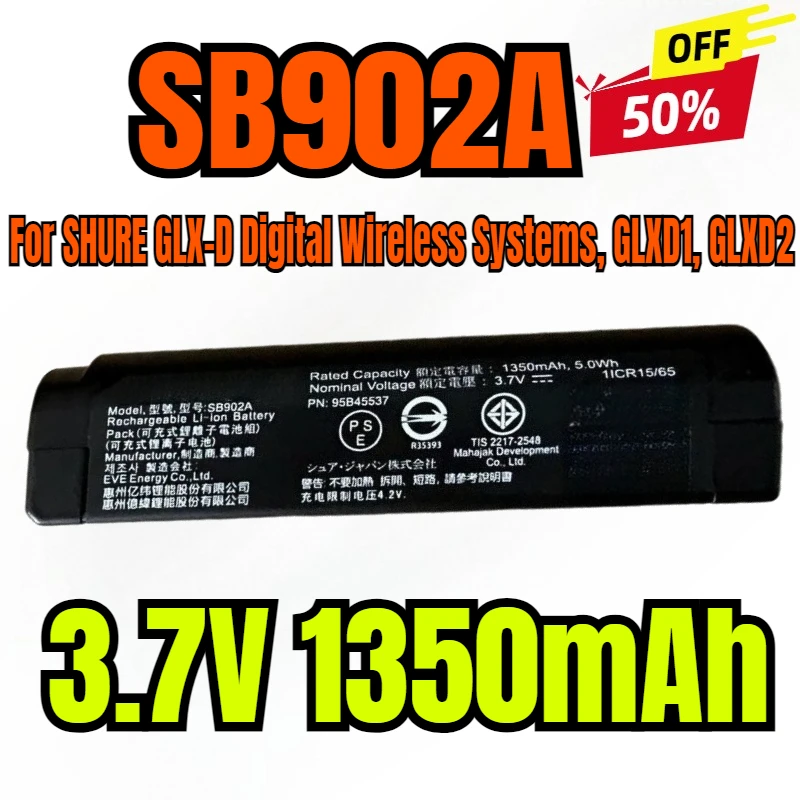 

3.7V 1350mAh Battery SB902, SB902A for SHURE GLX-D Digital Wireless Systems, GLXD1, GLXD2