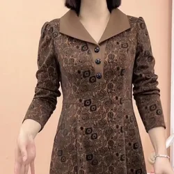 2023 Autumn and Winter Women's New Long Sleeved Pullover Doll Neck Button Fashionable Style Fragmented Flower Mid Length Dress