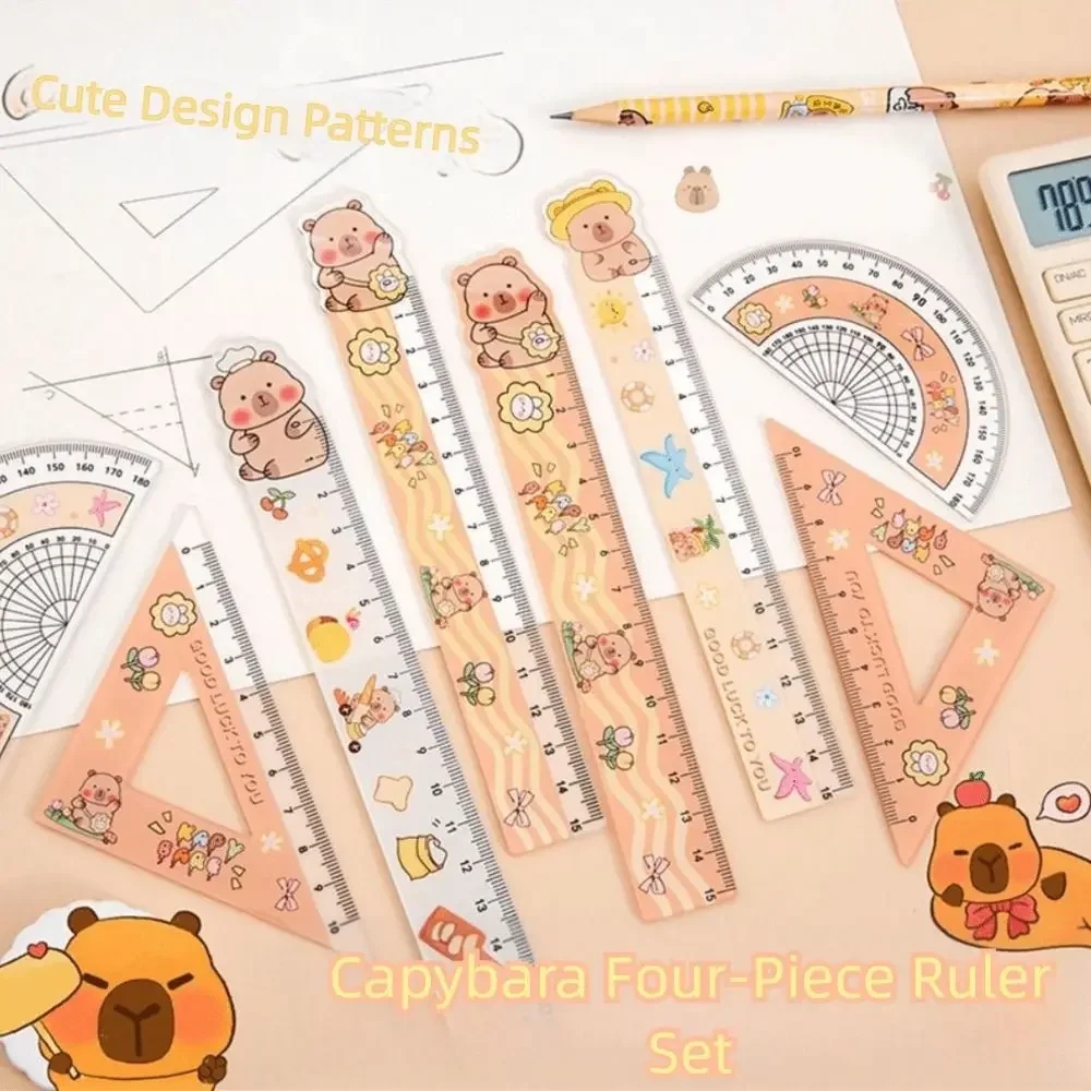 4pcs/set Creative Acrylic Capybara Set of Rulers Drawing Tools Cute Cartoon Straight Ruler Office Supplies Set Square