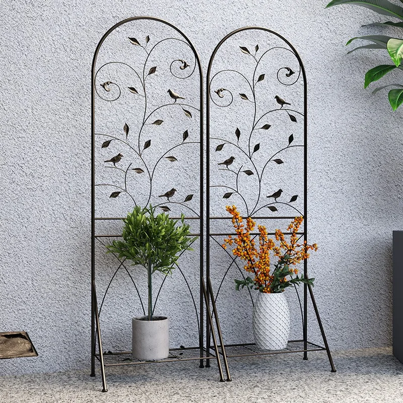 Vintage fence garden decoration flower rack, European style hollow iron wire lotus climbing rack, balcony, floor to ceiling