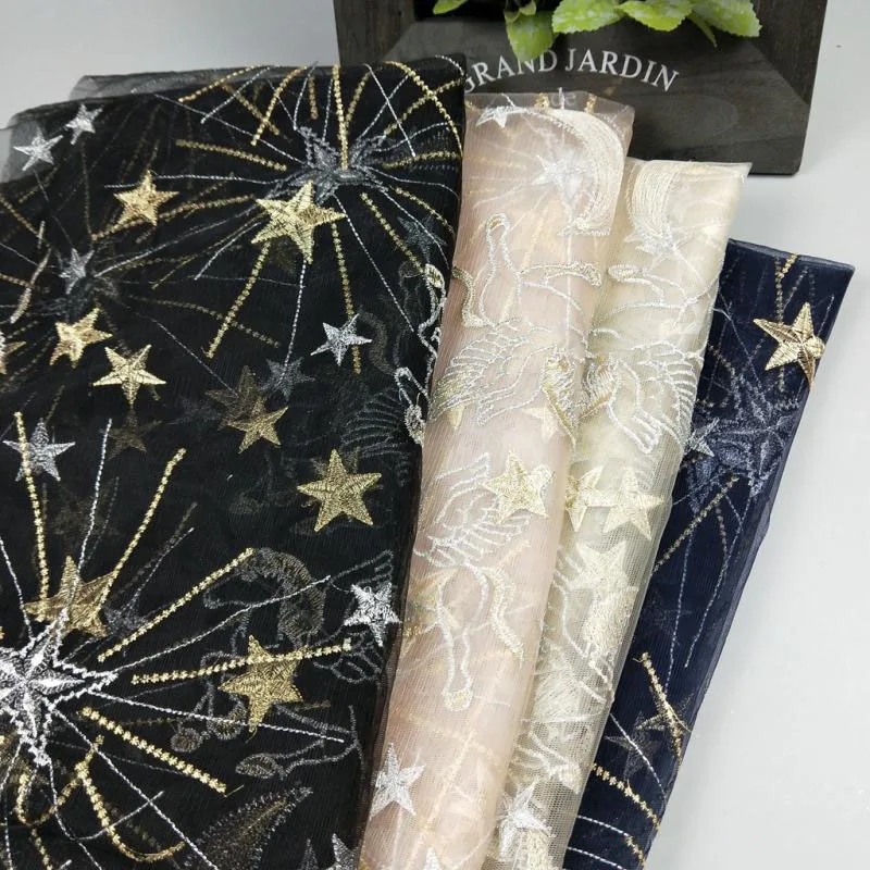 1yard Star Horse Moon With Gold Silver Thread tulle Mesh African French Lace Fabric In Blue/black/white For Bridal Gowns