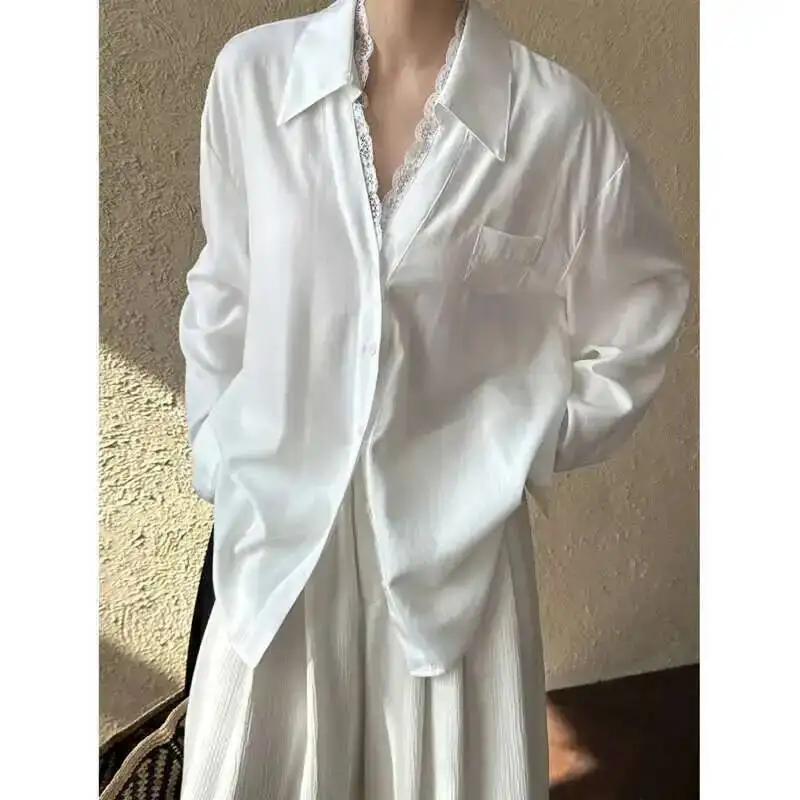 

Женские кружевные лоскутные рубашки с воротником-поло, весна-лето, однобортные свободные повседневные блузки с карманами