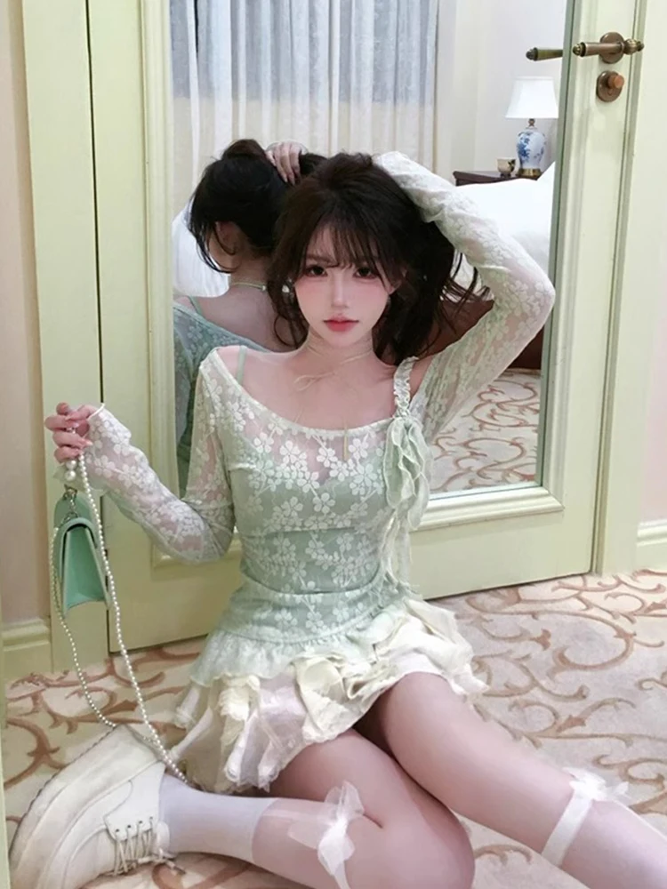 

Summer New Sweet Girl Tea Series Lace Cover up Cake Skirt Set Women's Faion Set ort Sve round Ne Pullover Polye...