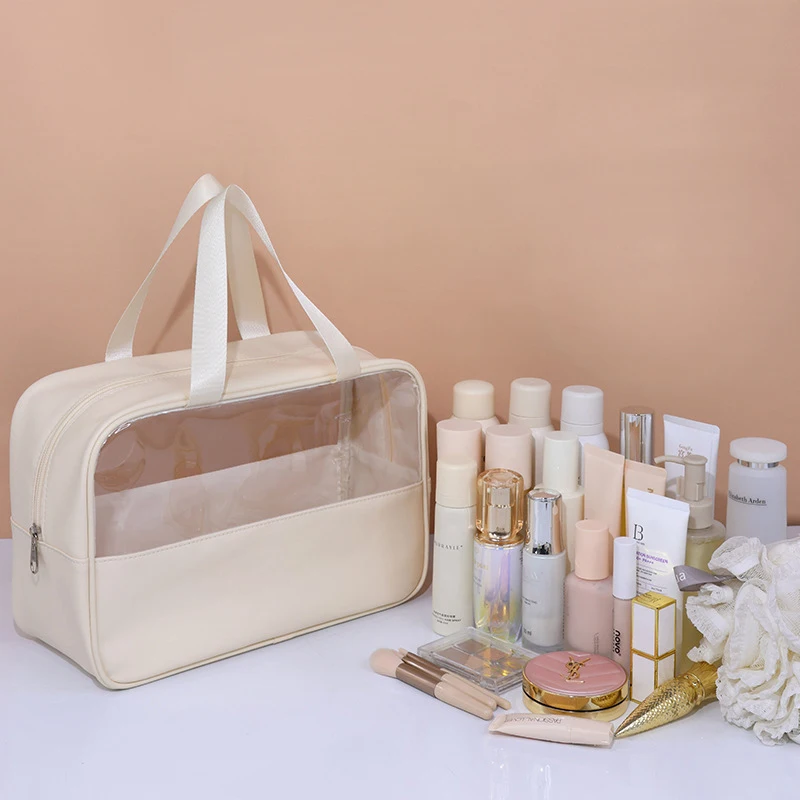 New Summer Beige Transparent Waterproof Makeup Bag Travel Wash Storage Bag Portable Fitness Swimming Handbag PVC