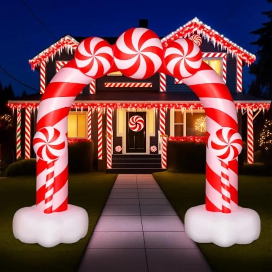 

Outdoor Christmas archway inflatable decoration: 11ft stereoscopic candy-themed arch with LED lights, PVC material, red and whi