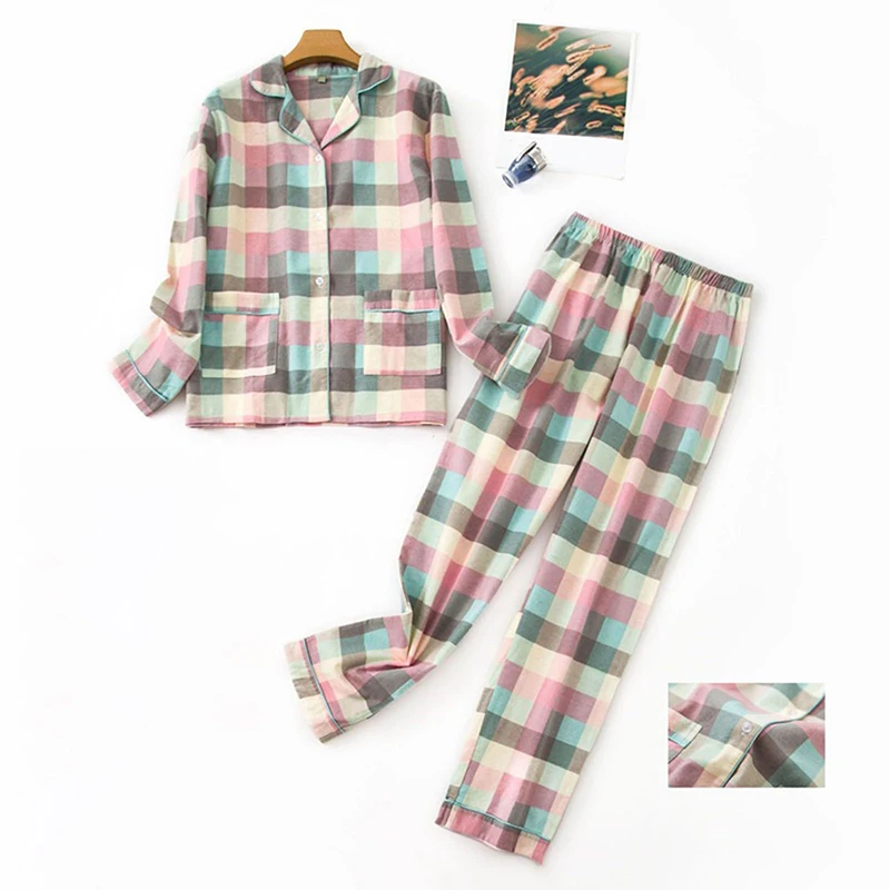 100% Pure Cotton Long Cardigan Multi-color Plaid Home Pajama Set Women\'s Pure Cotton Comfortable Home Casual Pajama Set