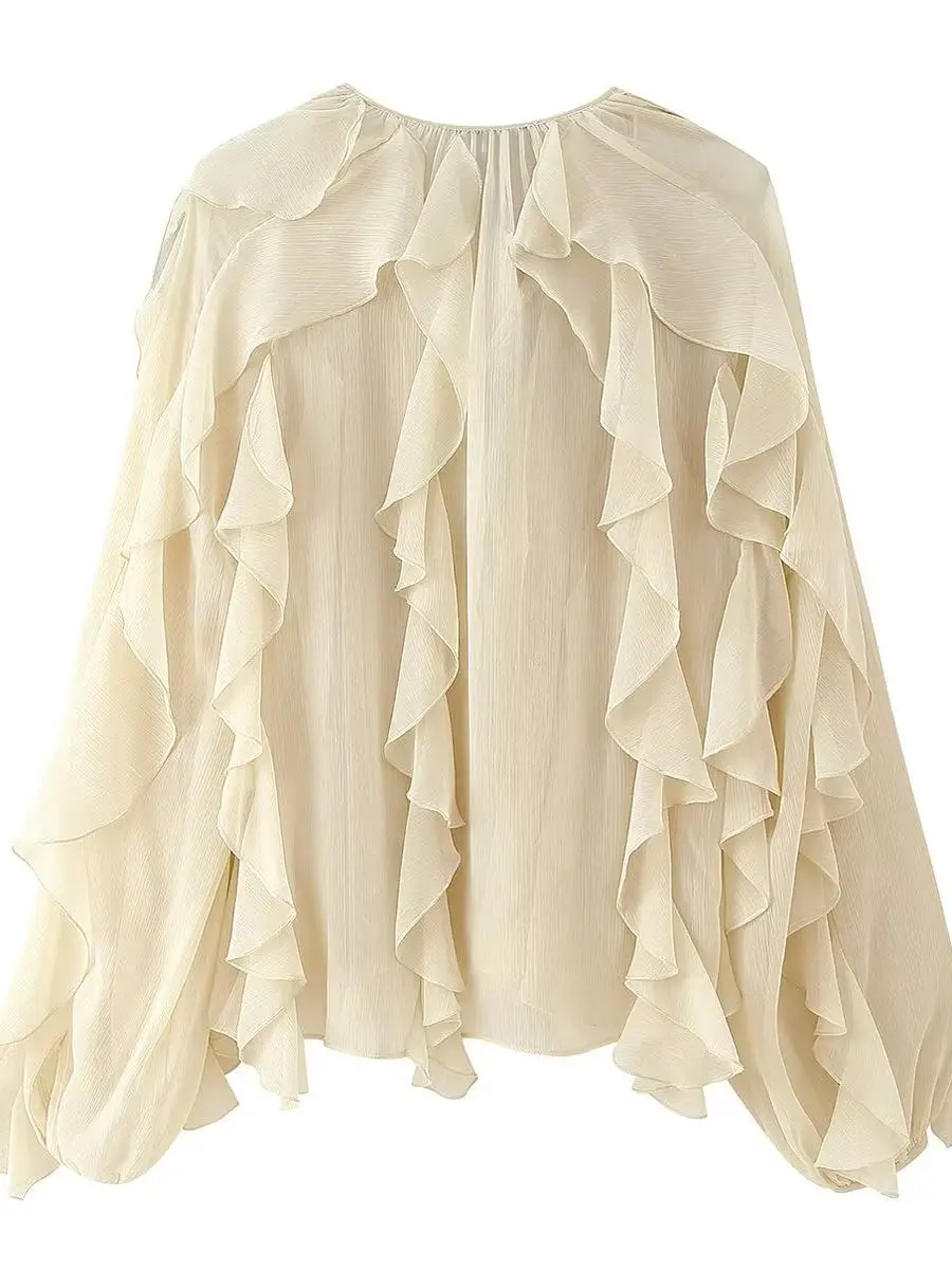 เสื้อเชิ้ตผู้หญิง Zar Sle แบบลำลอง ผ้าชีฟองบางเบา คอวี แต่งระบายหลายชั้น ดีไซน์เรียบง่าย เหมาะสำหรับใส่ไปทำงาน แฟชั่นแขนยาว