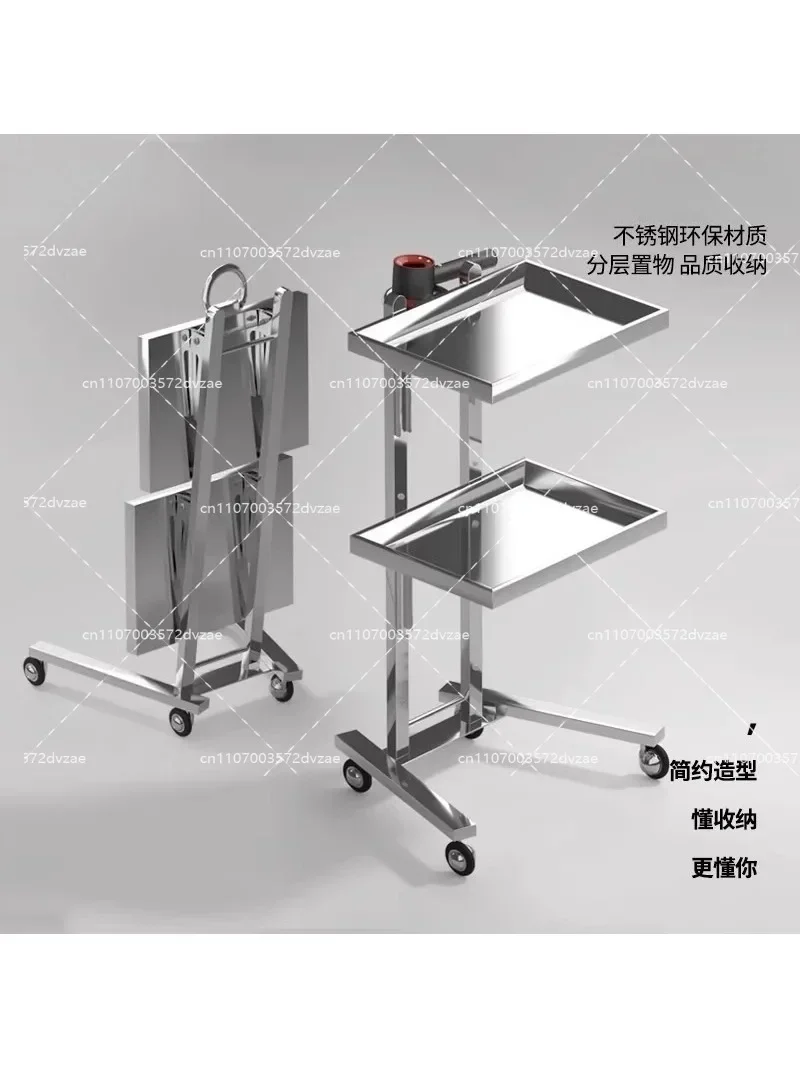 Foldable 2-Tier Stainless Steel Rolling Cart Multi-Function Trolley for Salon Supermarket Professional Workbench