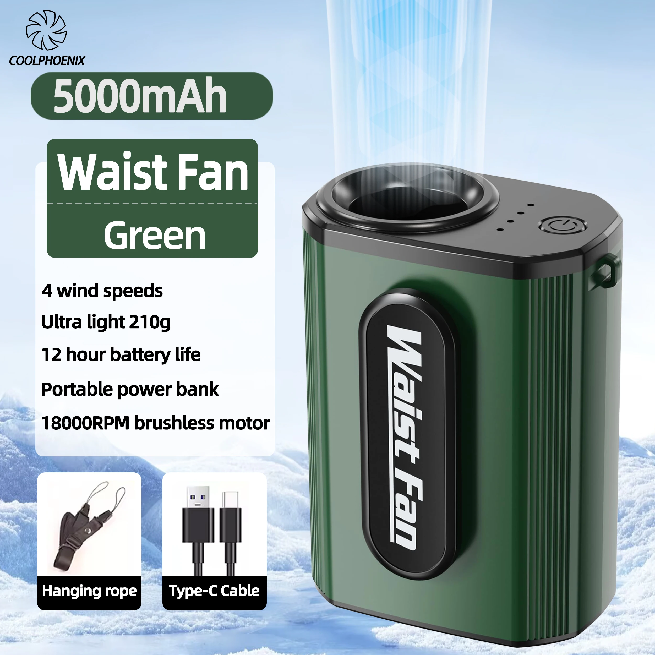 5000mAh الخصر كليب مروحة محمولة صغيرة معلقة الرقبة مروحة USB قابلة للشحن مروحة صغيرة في الهواء الطلق التخييم الخصر مروحة مع بنك الطاقة