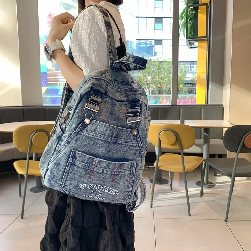 Japanese Denim Backpack for Female College Students Casual Large Capacity Retro Personalized Short Distance Travel Backpack Gift