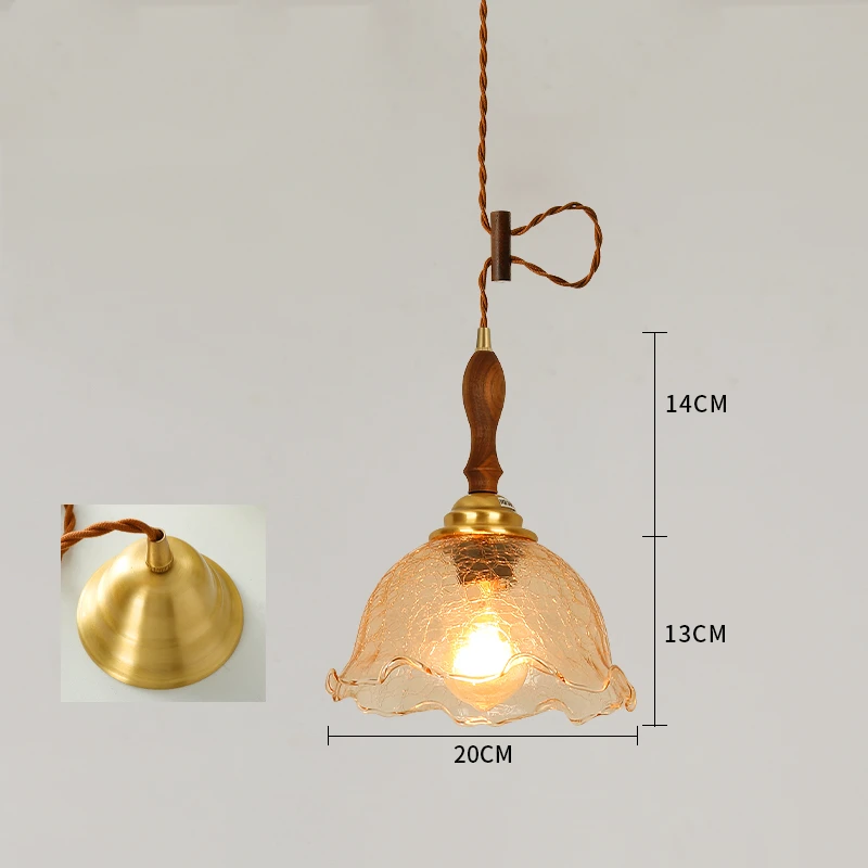 IWHD Vintage Cracked Glass Hanglamp Copper Wooden Hanging Lamp Home Indoor Lighting Bedroom Living Room Modern Pendant Light LED