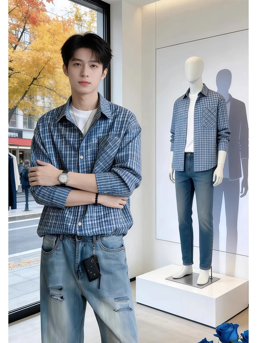 

Blue Plaid Long Sve Men's irt Korean Sle Spring Faion Cleanfit College Sle Outerwear Loose Fit Polyester Fiber