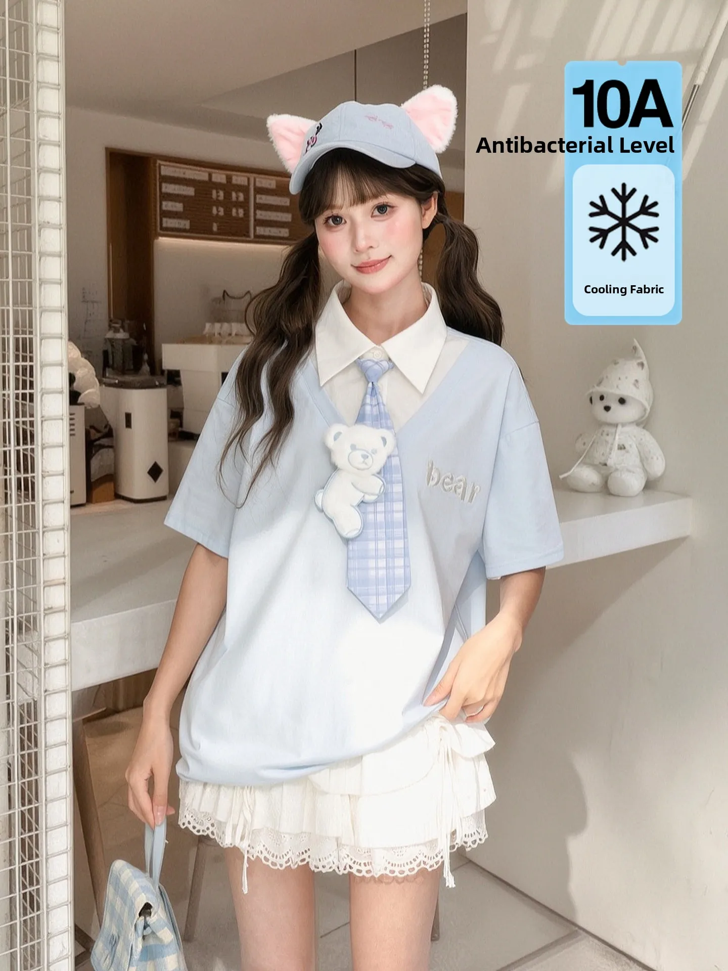 Cute Loose Short Sleeve Shirt for Women with Detachable Plaid Collar Bear Print Summer Casual Cotton T-Shirt Sweet Style