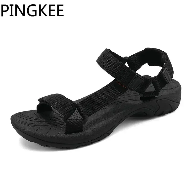 PINGKEE Fabric Upper Adjustable Men Summer Leather Sandals Original Mens Sandals Man Leather Classic Slip on Flat Men\'s Shoes