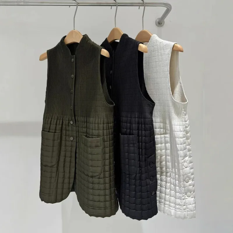 YFPF Autumn Winter New Women's Vest Coat Pleated Design Sleeveless Button Solid Color Casual Jacket Fashion 2025 Clothing