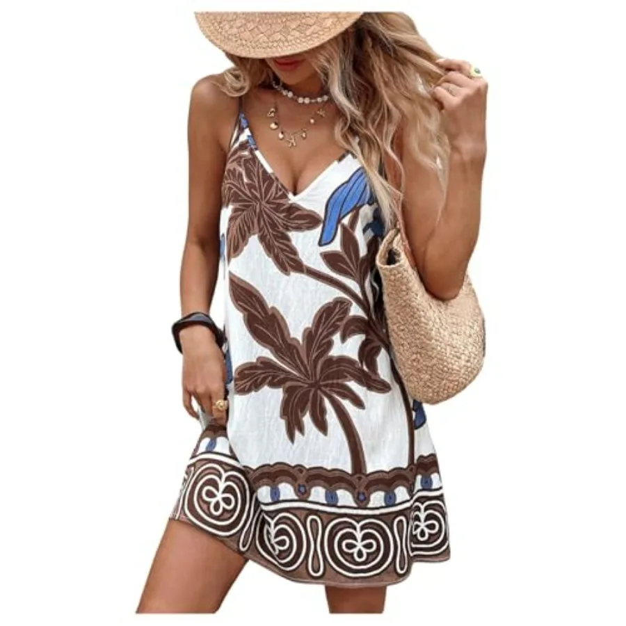 

SOLY HUX Women's Summer Boho Printed Mini Dress V Neck Spaghetti Strap Flowy Vacation Cami Dresses Sundress