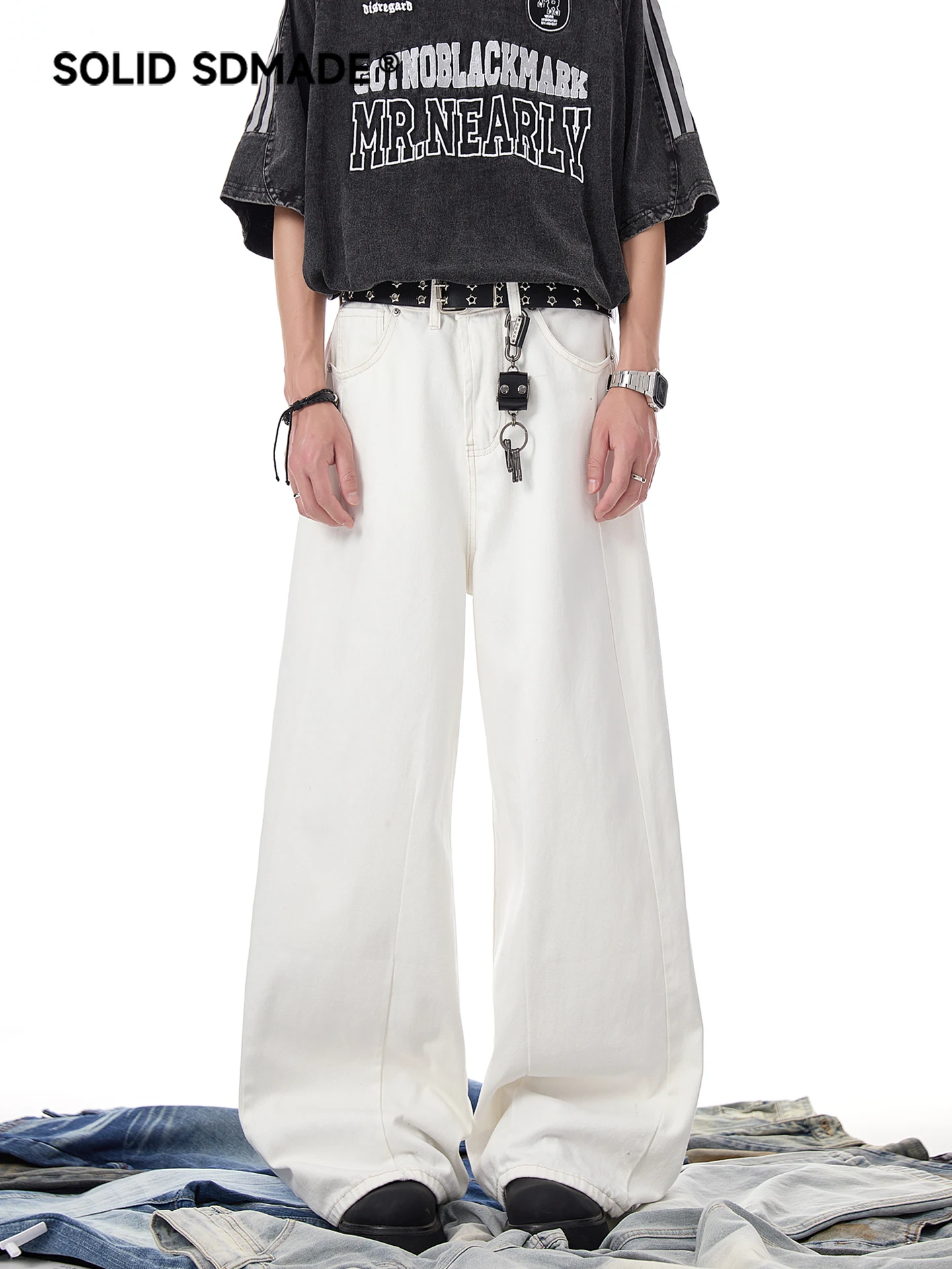 SDAMDE American Splice Design Loose Wide Leg Men's Jeans CleanFit Trousers White Denim Youth Fashion Wear Resistant Straight Cut