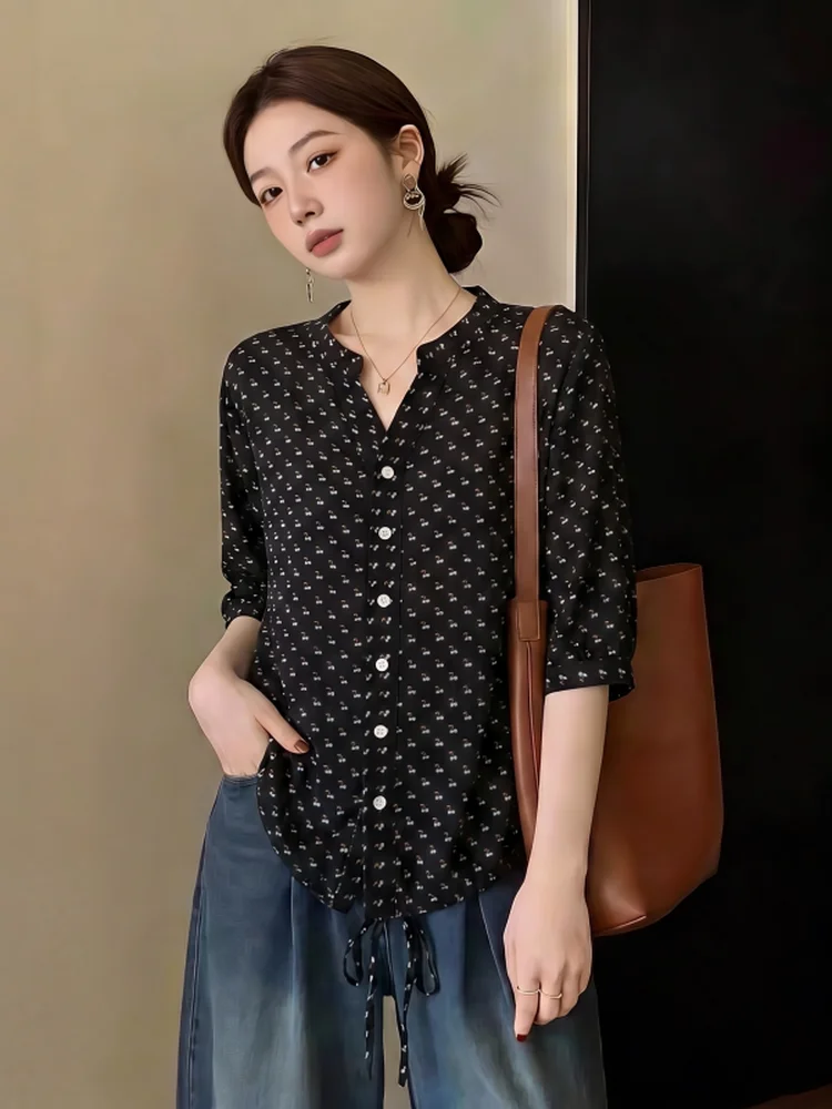 

Chic Anti-Aging V-Neck Short Sleeve Shirt Women's Summer New Large Size Fat MM Drop Waist Drawstring Top Korean Style Commute