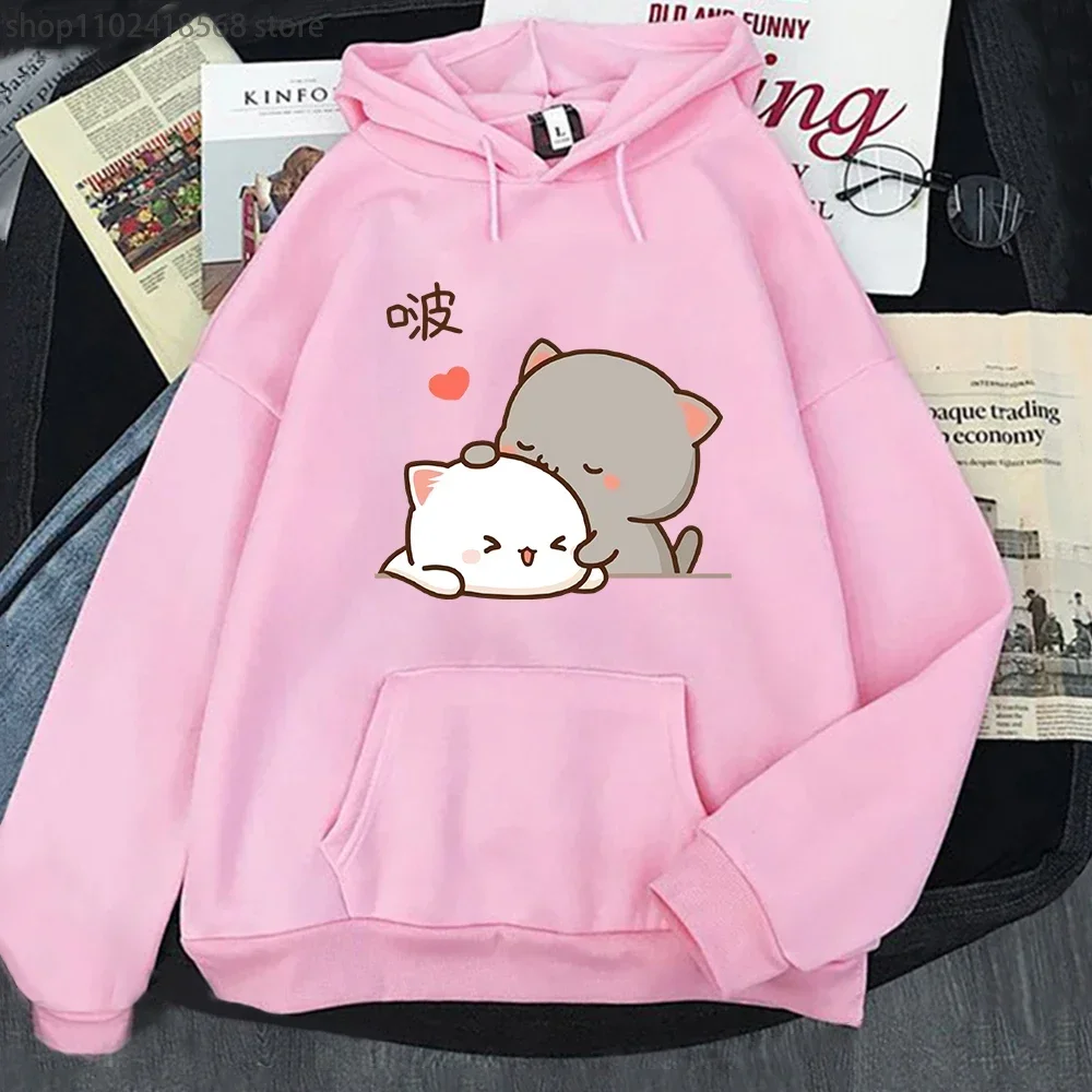 Peach Cat Hoodies Kawaii Clothing Aesthetic Cute Pink Tops Oversized Cartoon Print Sweatshirts Women Unisex Warm Streetwear Men