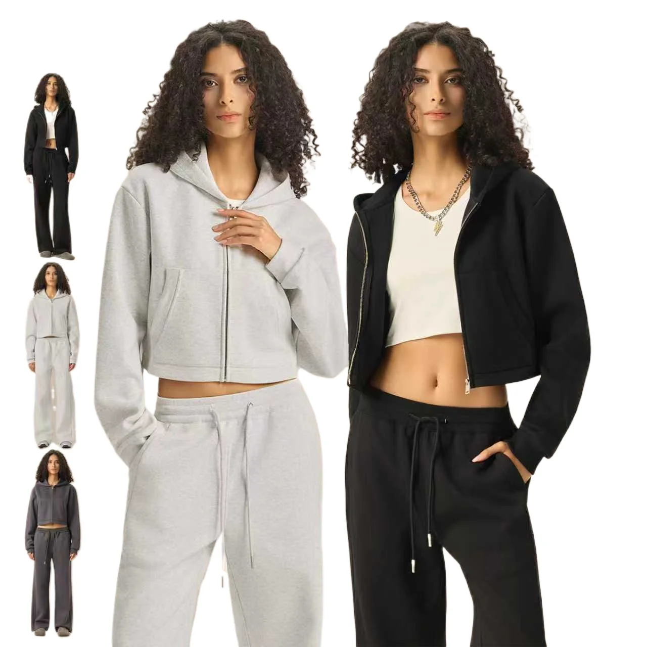Personalized LOGO custom women's 350G cotton polyester sweater zipper jacket boxy exposed navel Spice Girl casual trousers set