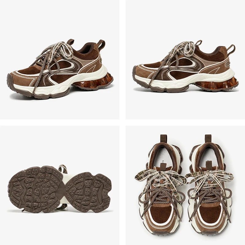Women's Chunky Sneakers - Suede Leather, Round Toe, Double Laces