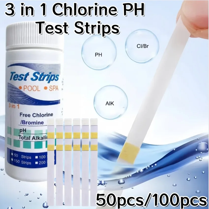 50/100pcs 3 in 1 Chlorine PH Test Strips Water Test Residual Chlorine PH Value Alkalinity Hardness SPA Swimming Pool Tester Tool