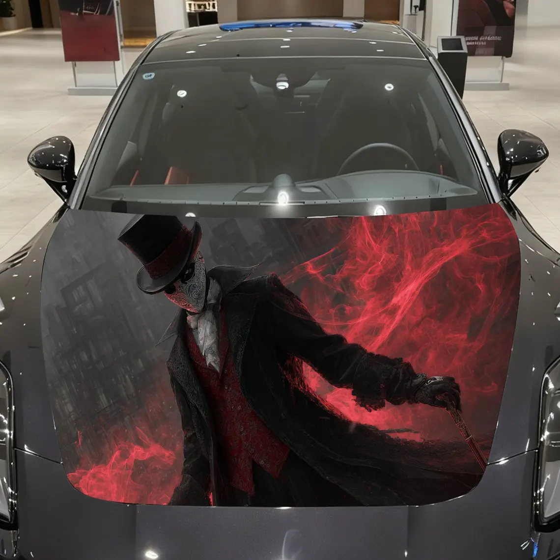 Blood-flamed Gentleman Demon Print car hood stickers, waterproof self-adhesive, scratch resistant, easy to stick, durable car PV