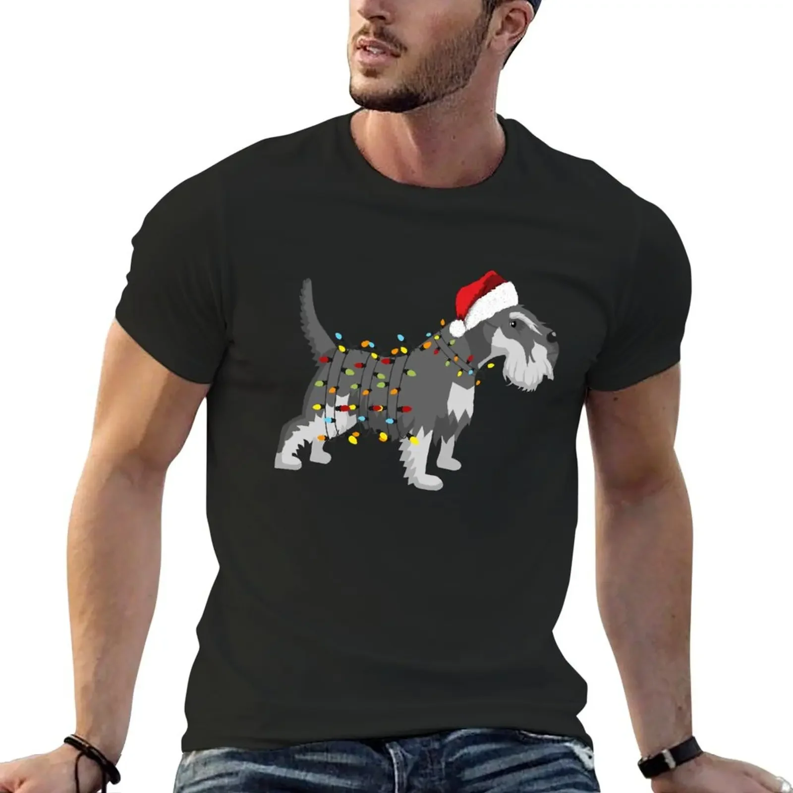 Camiseta con luz navideña de Schnauzer, camiseta con estampado de animales para niños, camisetas gráficas de gran tamaño, ropa bonita, camisetas para hombres