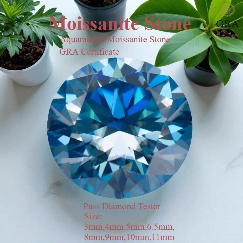 

Round Cut Moissanite Stone Aquamarine Loose Gemstone With GRA Certificate Pass Diamond Tester For Jewelry Making