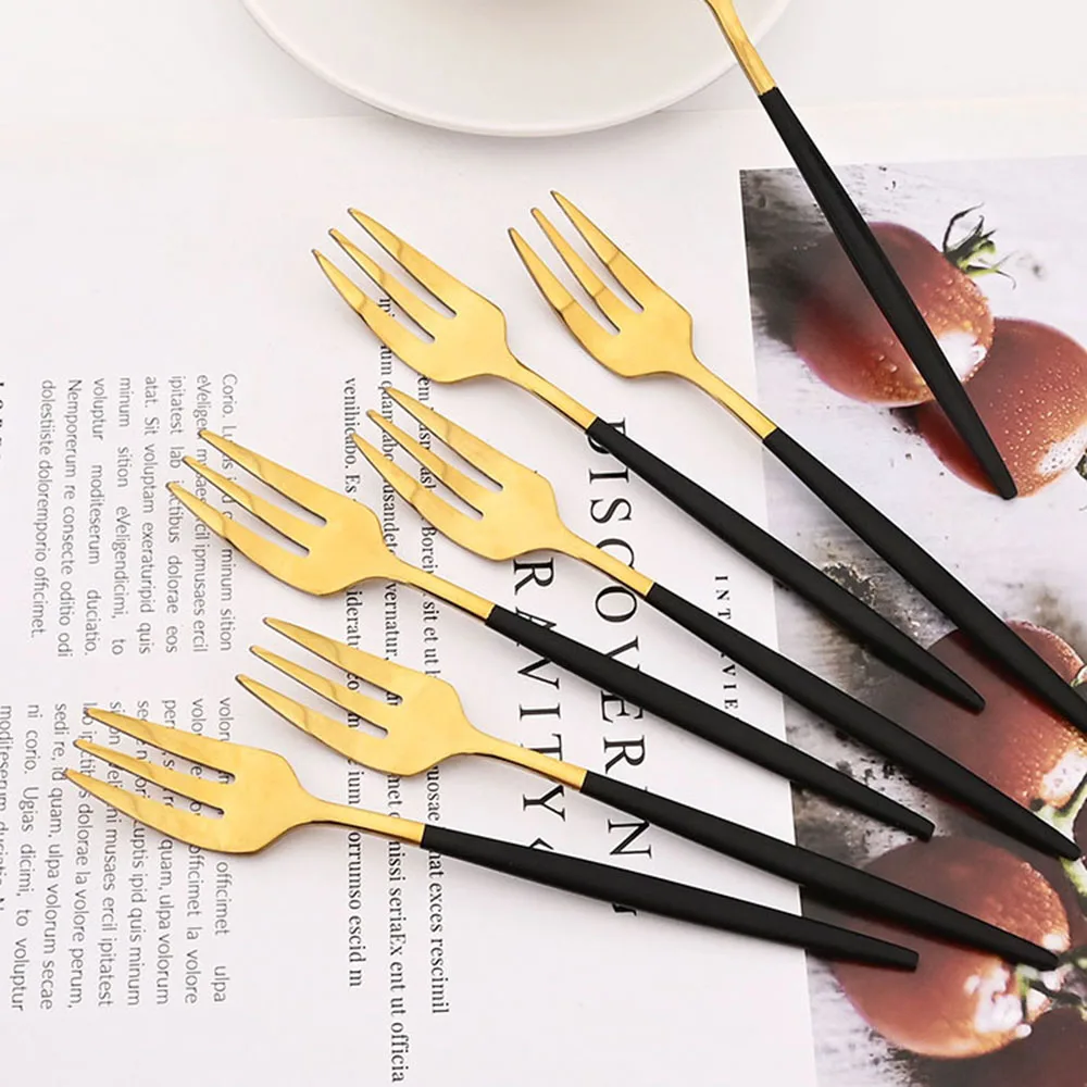 6Pcs Stainless Steel Tea Forks Black Gold Cake Fork Snack Salad Coffee Fruit Fork Mirror Cutlery Tableware Set Kitchen Utensils