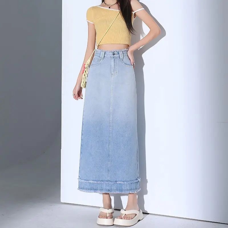 

Женская джинсовая юбка, летняя градиентная эластичная хлопковая мини-юбка с высокой талией, повседневная легкая стирка в стиле ретро с эластичной резинкой на талии, модный стиль